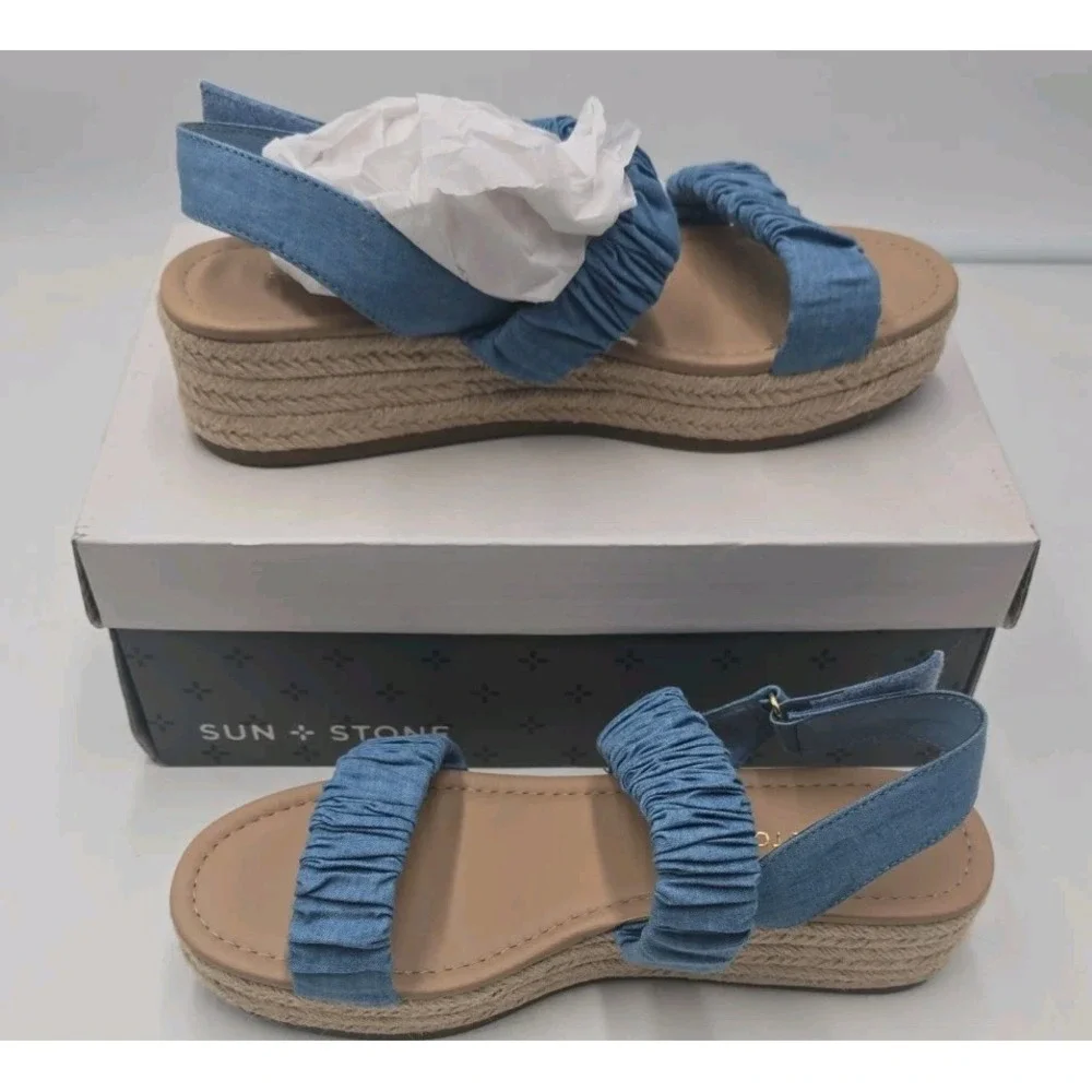 Sun + Stone Denim Blue Platform Doveed Slingback Sandals Resort Summer Shoes 8M